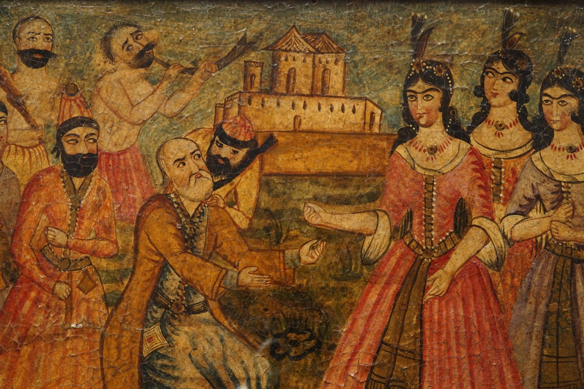 Qajar school: A triptych of a princely parade, oil on panel, Iran, 19th C. - Image 4 of 31