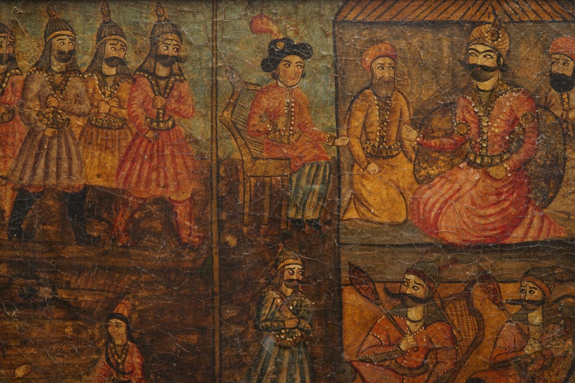 Qajar school: A triptych of a princely parade, oil on panel, Iran, 19th C. - Image 2 of 31
