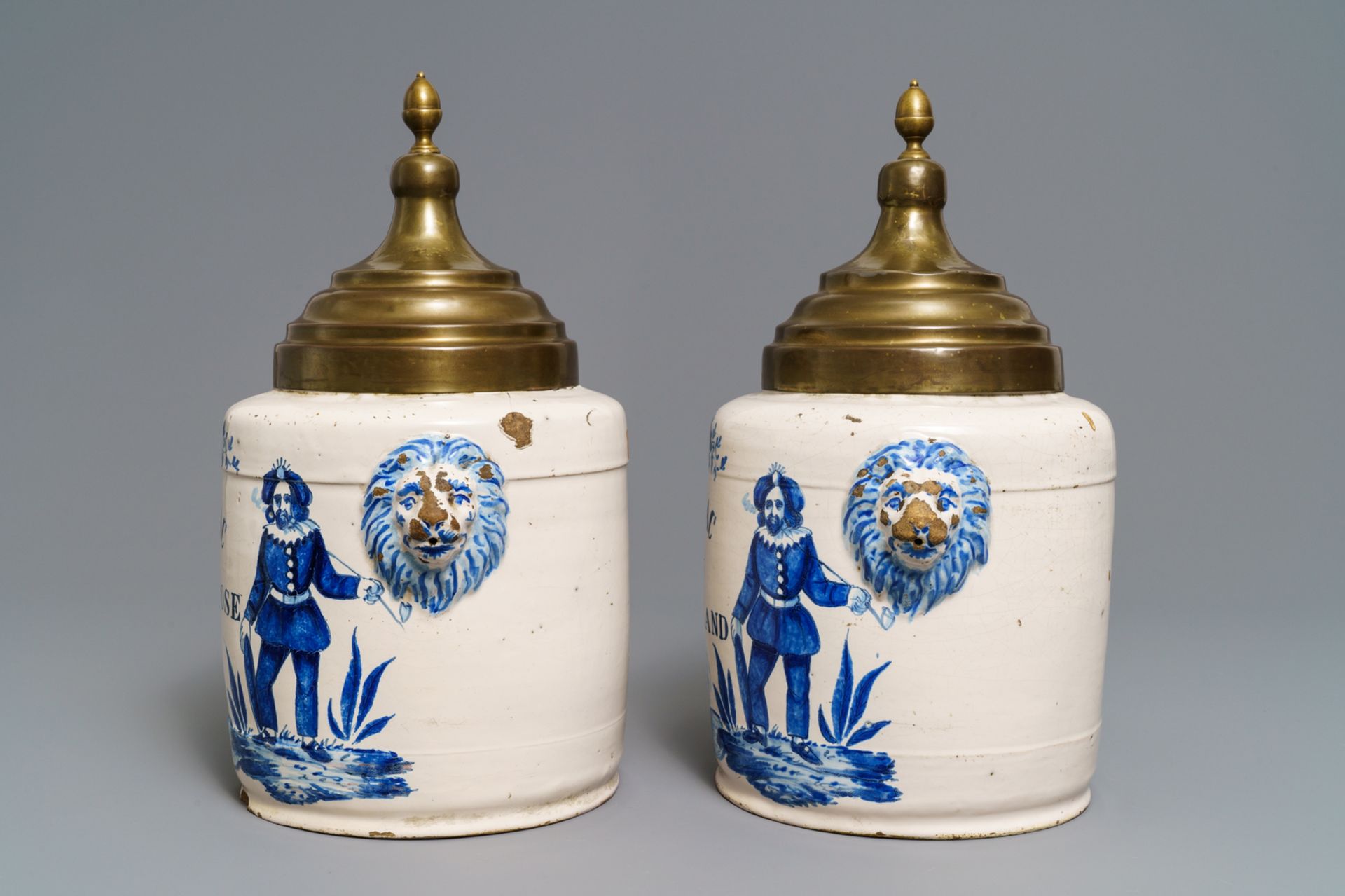 A pair of blue and white Brussels faience tobacco jars, late 18th C. - Image 4 of 6