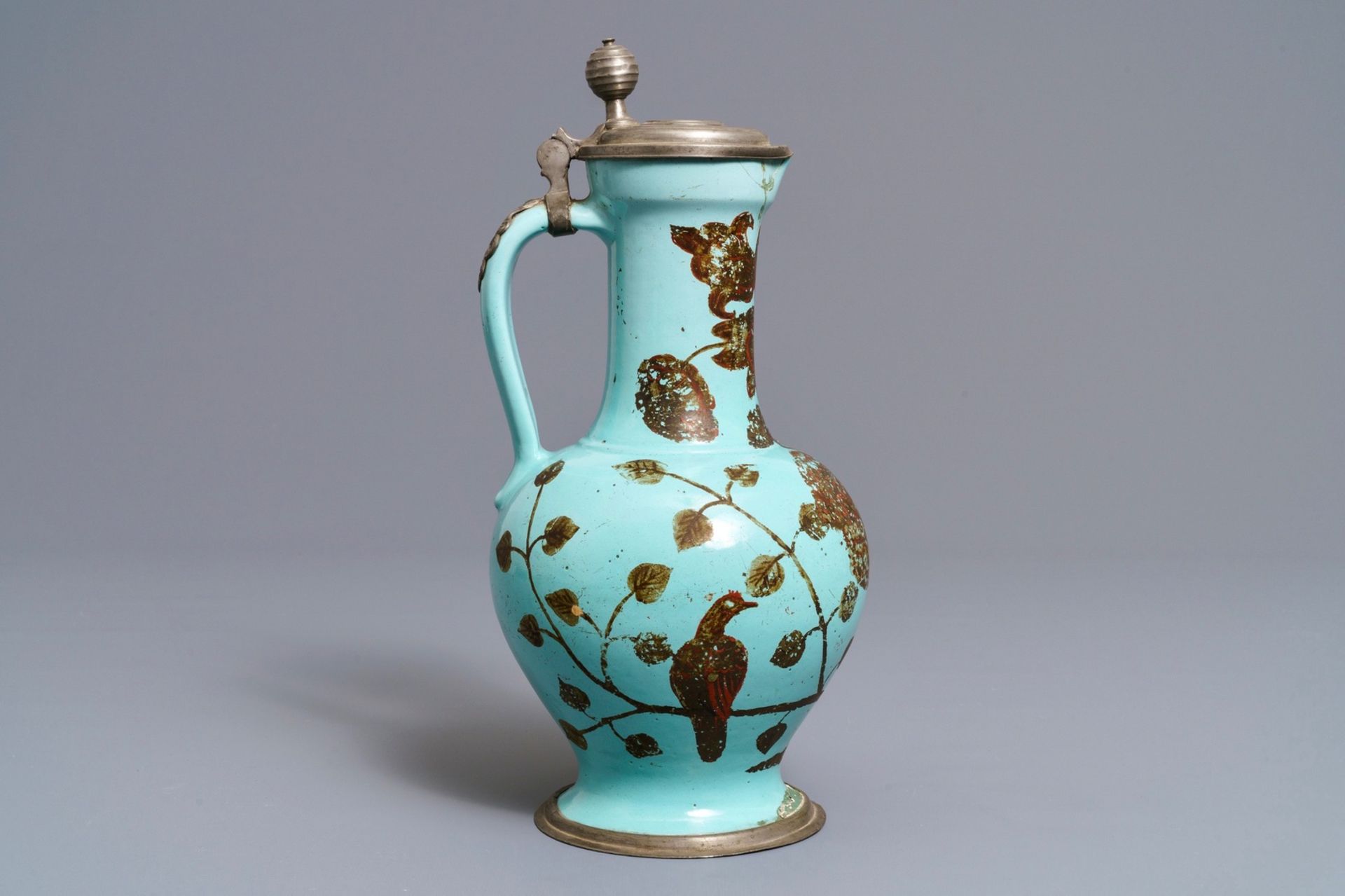 A German pewter-mounted turquoise ground ewer with birds among flowers, 17/18th C. - Image 2 of 8