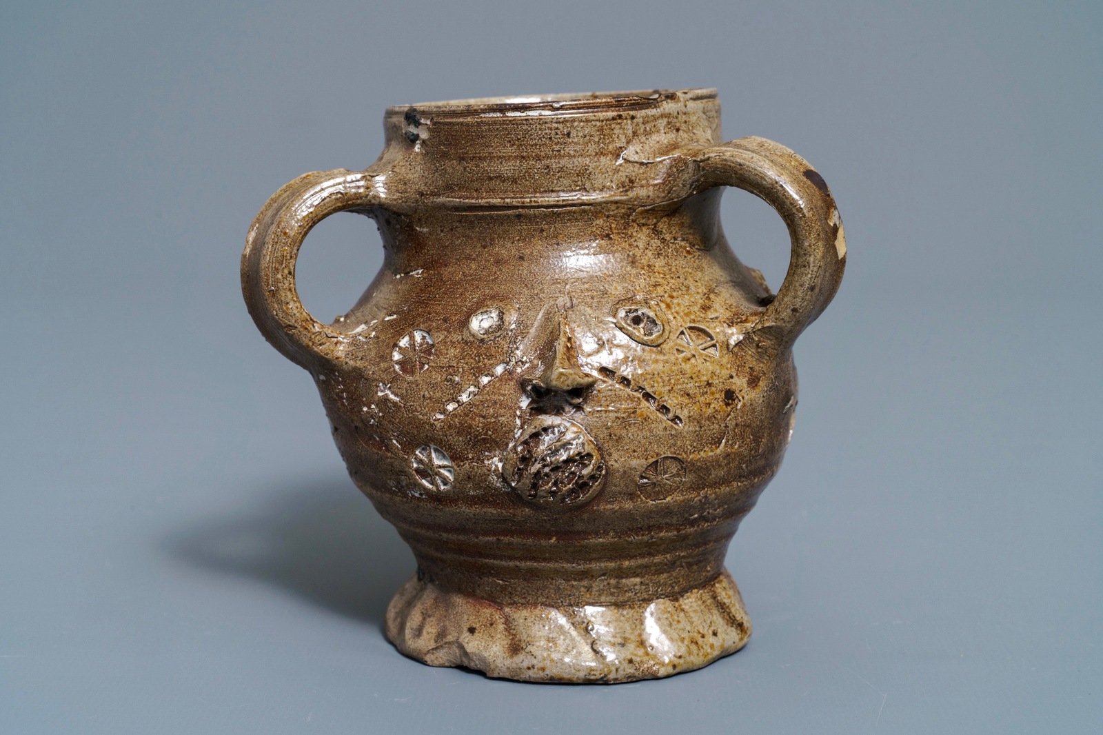 A rare German stoneware pointed nose jug, Raeren, 1st half 16th C. - Image 2 of 6