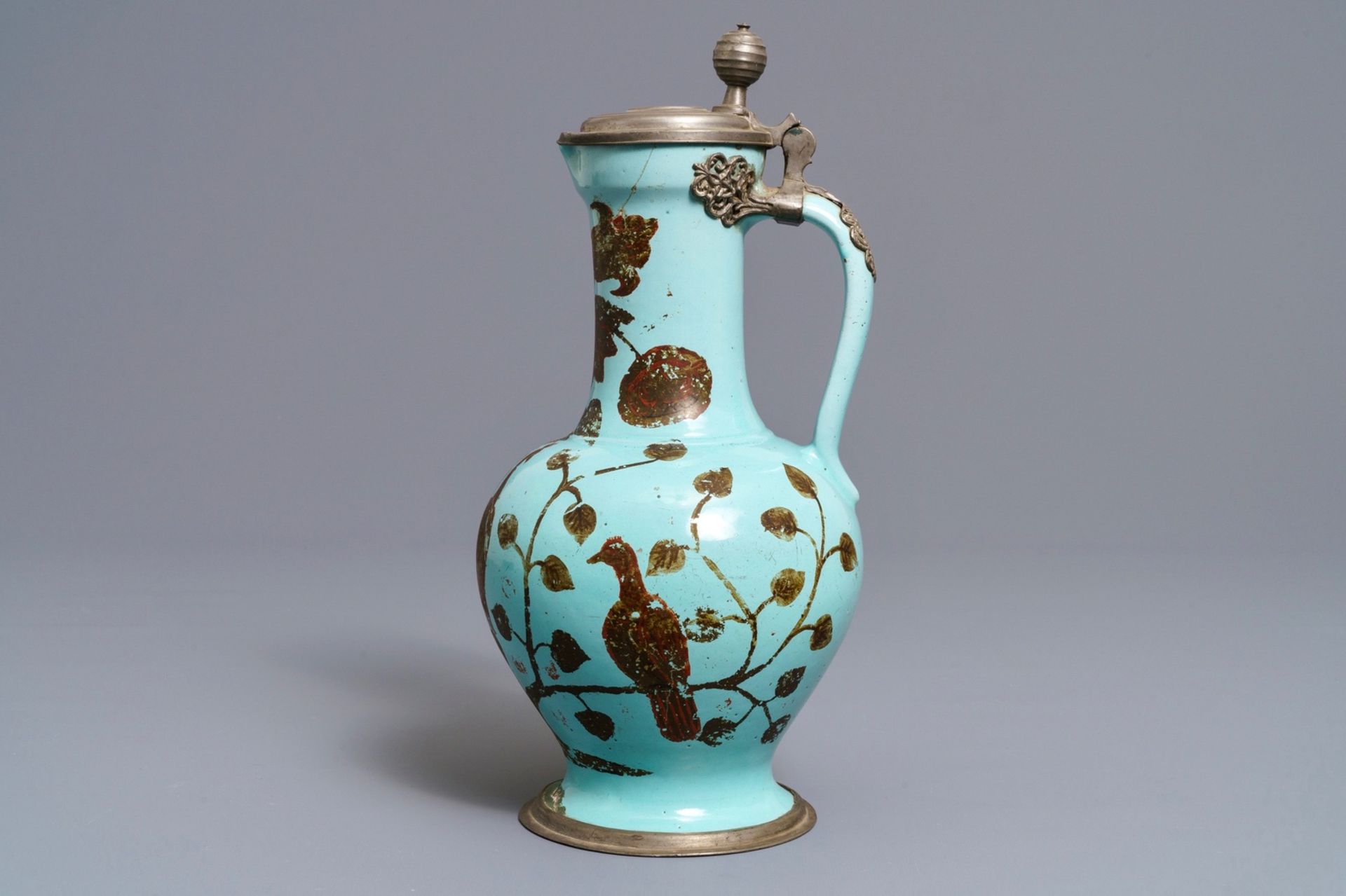 A German pewter-mounted turquoise ground ewer with birds among flowers, 17/18th C. - Image 4 of 8