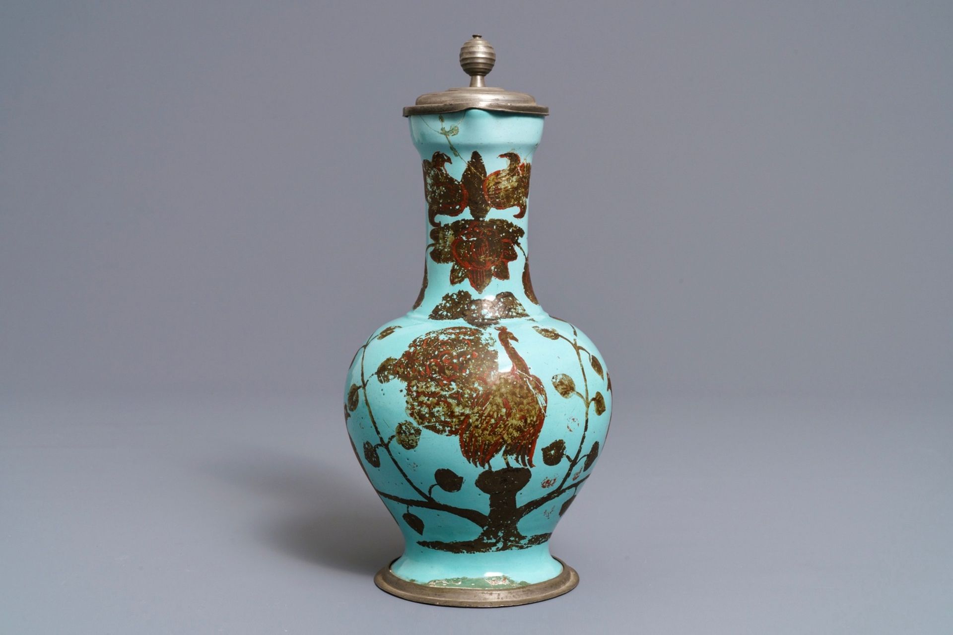 A German pewter-mounted turquoise ground ewer with birds among flowers, 17/18th C. - Image 3 of 8