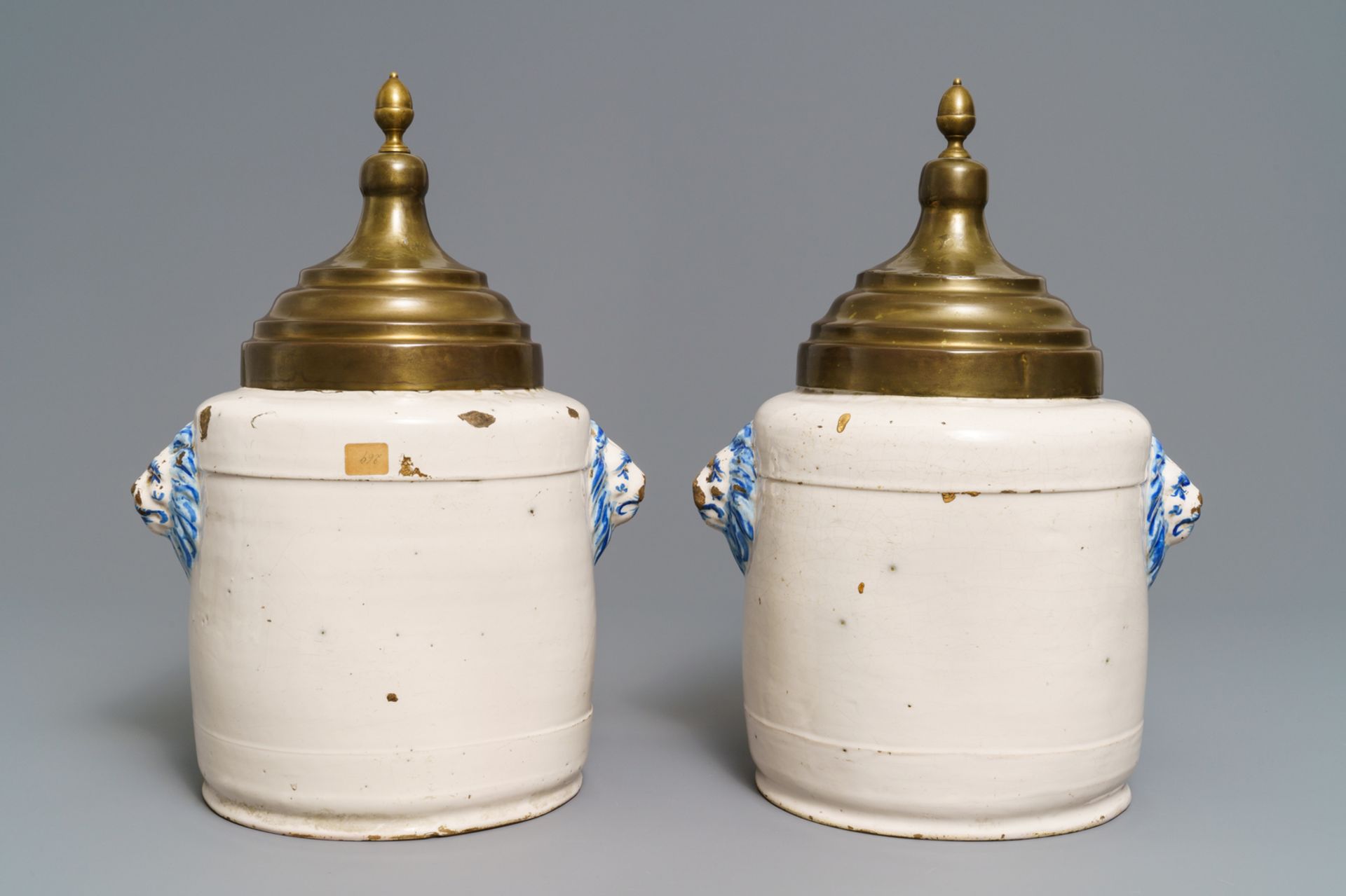 A pair of blue and white Brussels faience tobacco jars, late 18th C. - Image 3 of 6