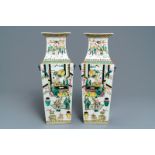 A pair of square Chinese famille rose vases with warriors and court scenes, 19th C.