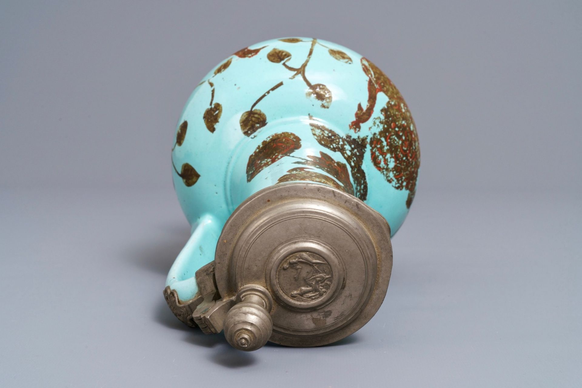 A German pewter-mounted turquoise ground ewer with birds among flowers, 17/18th C. - Image 7 of 8