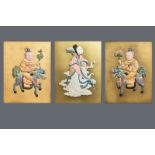 Three Chinese painted silk embroidered figures, 18/19th C.