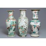 Three Chinese famille rose and verte vases, 19/20th C.