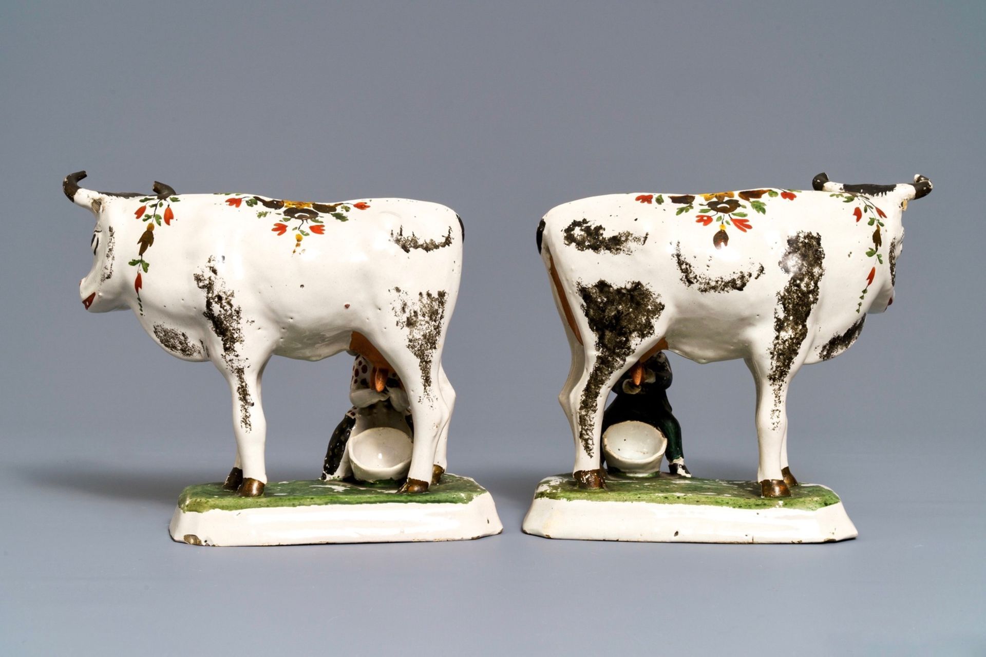 Two pairs of Dutch Delft cows and a pewter-mounted Habaner jug, 18th C. - Image 3 of 7