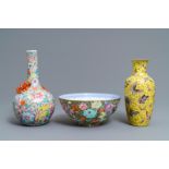 Two Chinese famille rose vases and an eggshell bowl, Qianlong marks, Republic, 20th C.