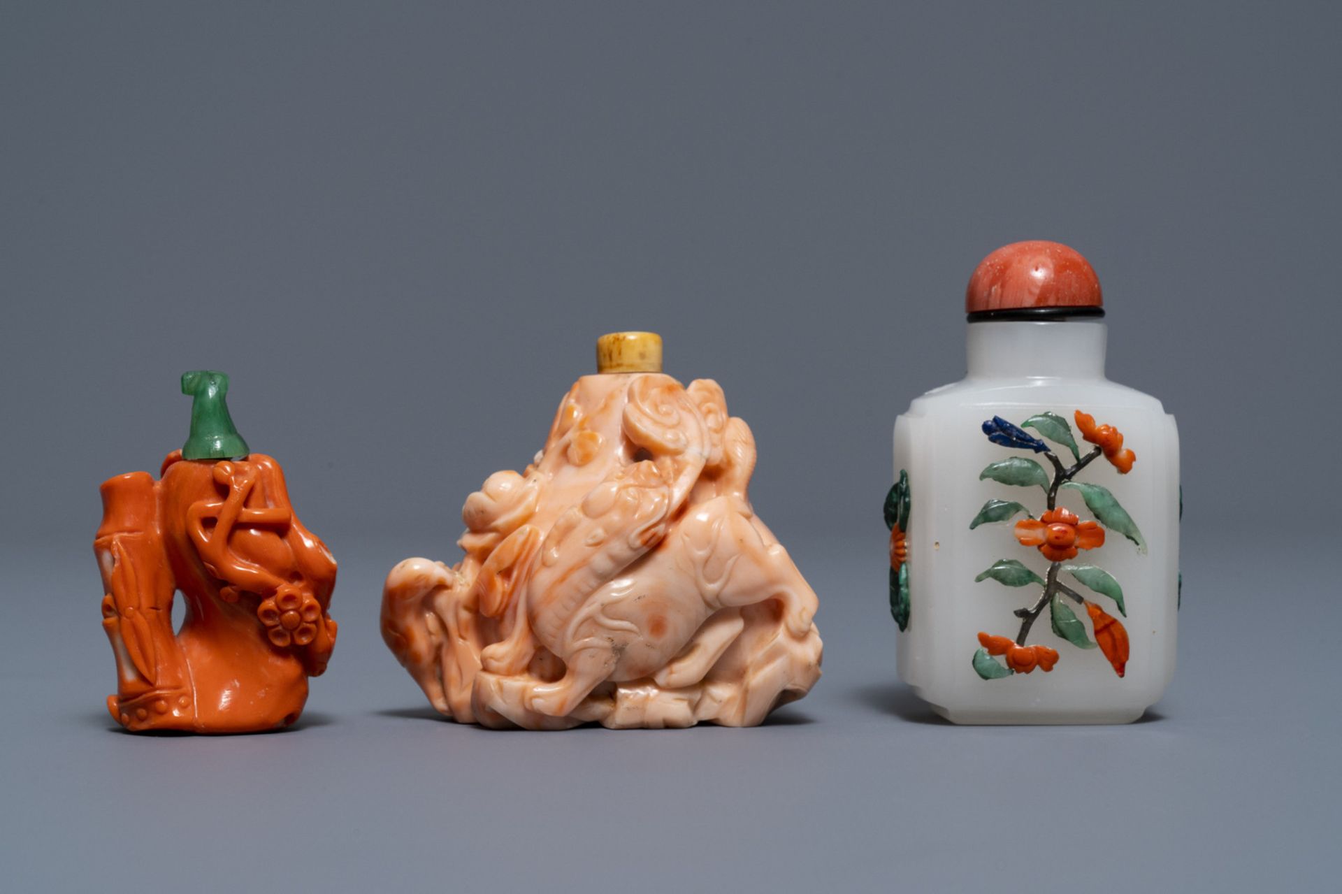 Two Chinese coral snuff bottles and one coral-embellished glass bottle, 19/20th C. - Image 2 of 4