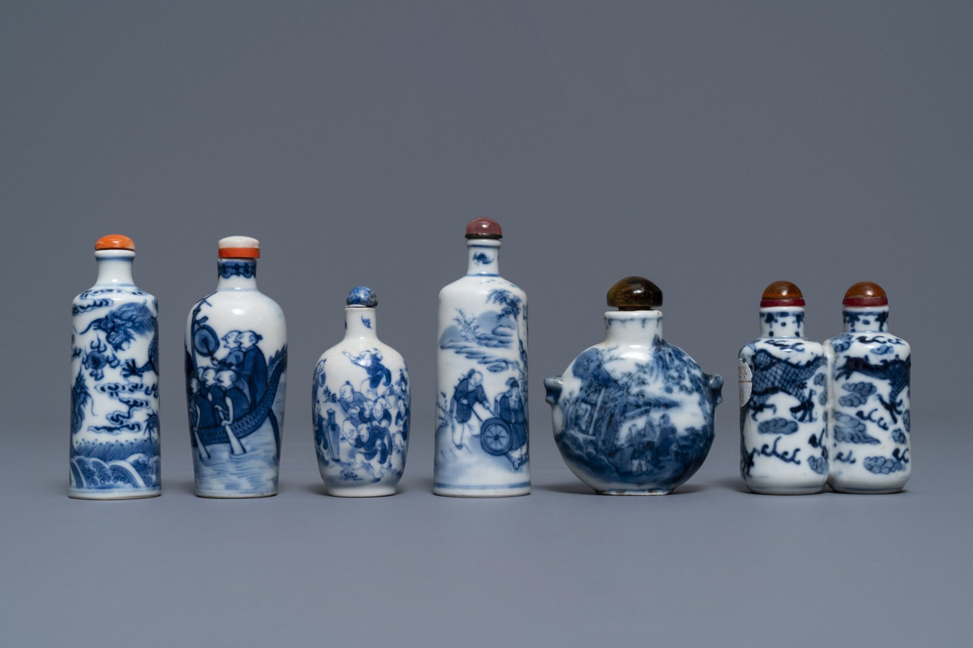 Six Chinese blue and white porcelain snuff bottles, 19/20th C.