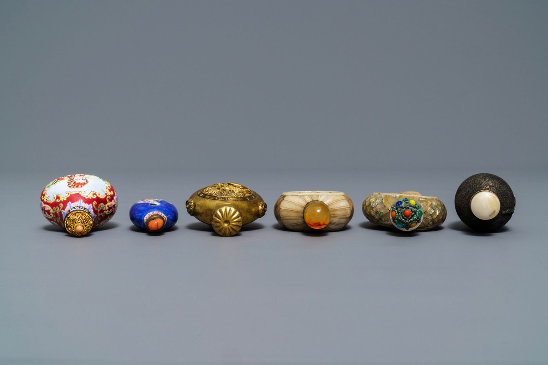 Six Chinese Canton and Beijing enamel, mother of pearl and gilt brass snuff bottles, 18/19th C. - Image 7 of 7