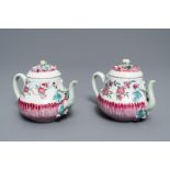 Two Chinese famille rose relief-moulded 'lotus' teapots and covers, Yongzheng