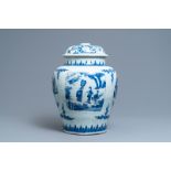 A Chinese blue and white vase and cover with figurative panels, Transitional period