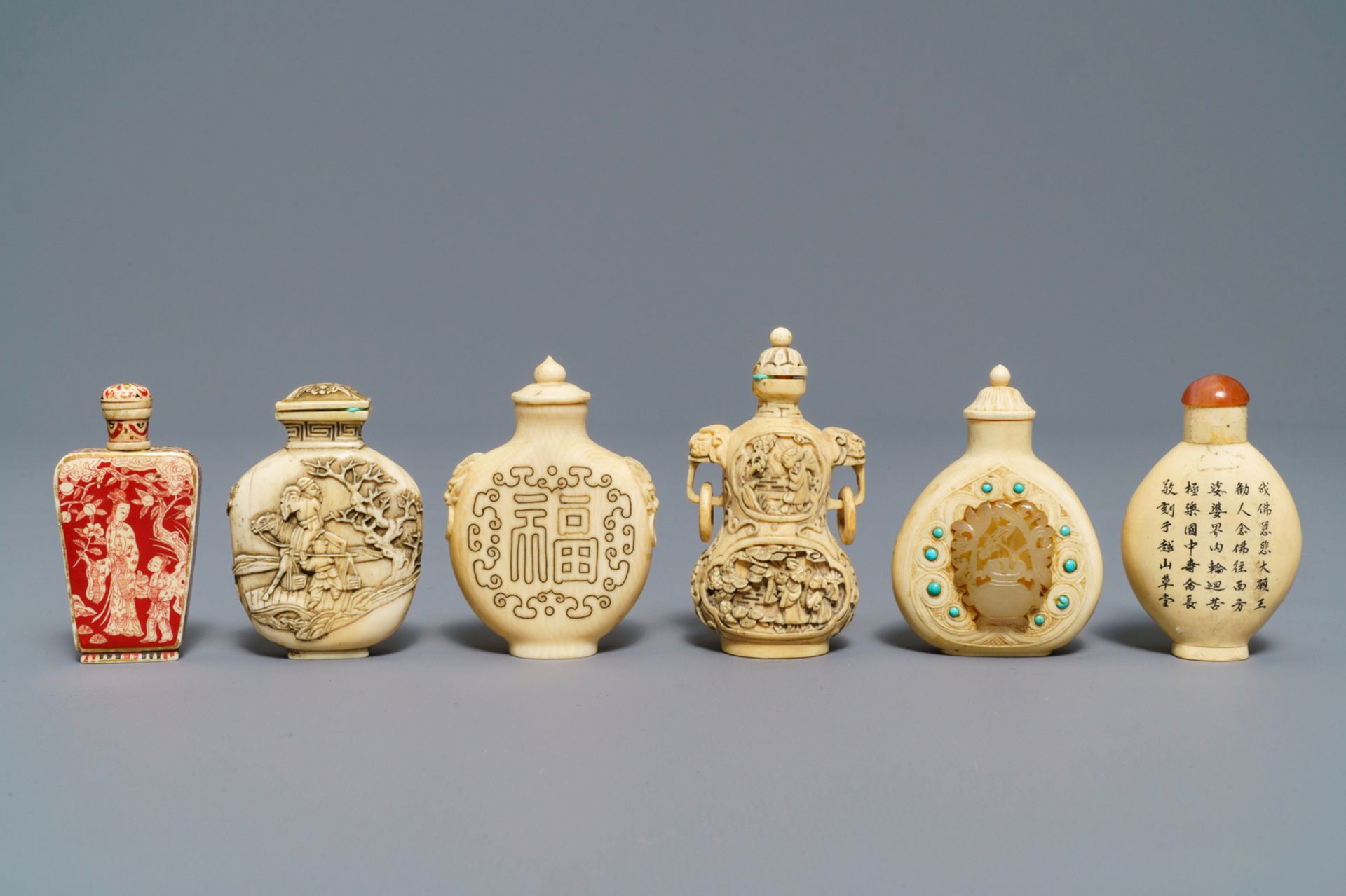 Six Chinese carved ivory snuff bottles, 19/20th C. - Image 4 of 7