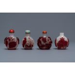 Four Chinese red overlay snowflake glass snuff bottles, 18/20th C.