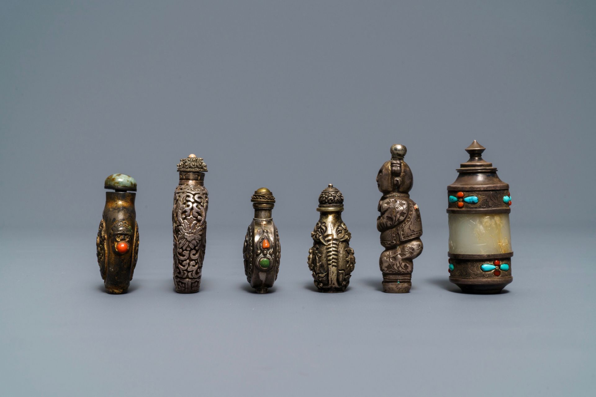 Six Chinese coral and turquoise-inlaid silver and jade snuff bottles, 19/20th C. - Image 3 of 7