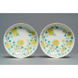 A pair of Chinese yellow and green enamelled 'chrysanthemum' plates, Guangxu mark, 19/20th C.