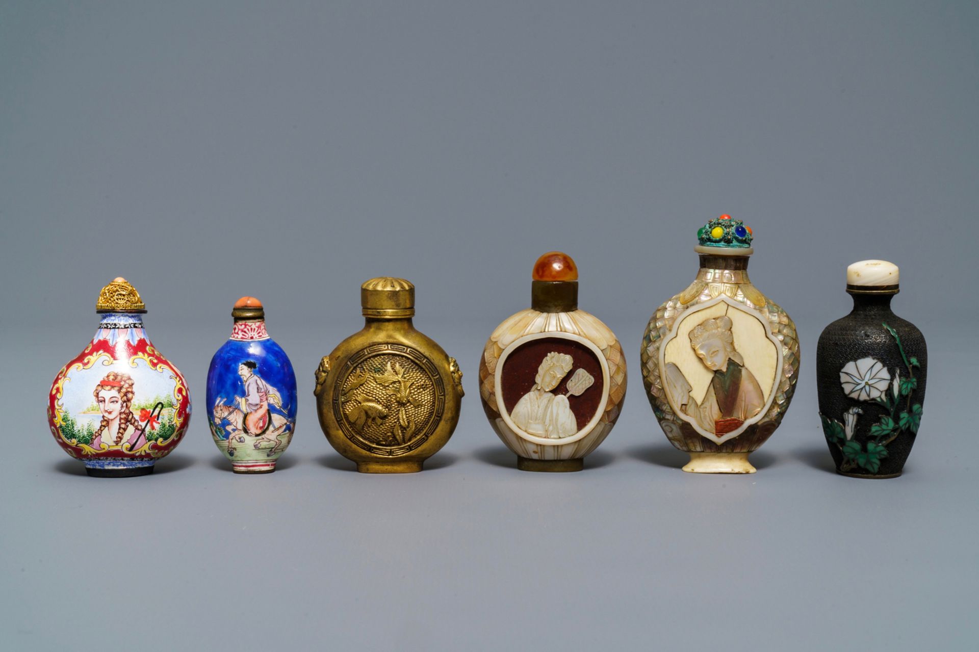 Six Chinese Canton and Beijing enamel, mother of pearl and gilt brass snuff bottles, 18/19th C. - Image 2 of 7