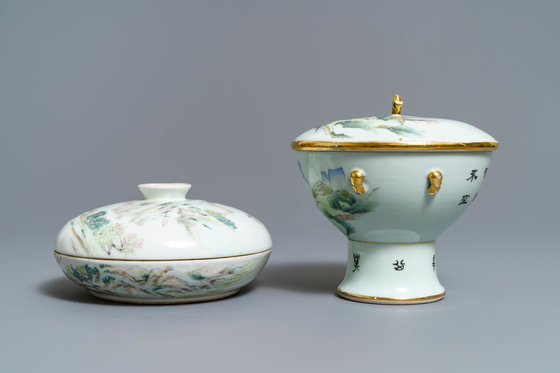 A Chinese qianjiang cai spice box and a warming bowl on foot, 19/20th C. - Image 4 of 10