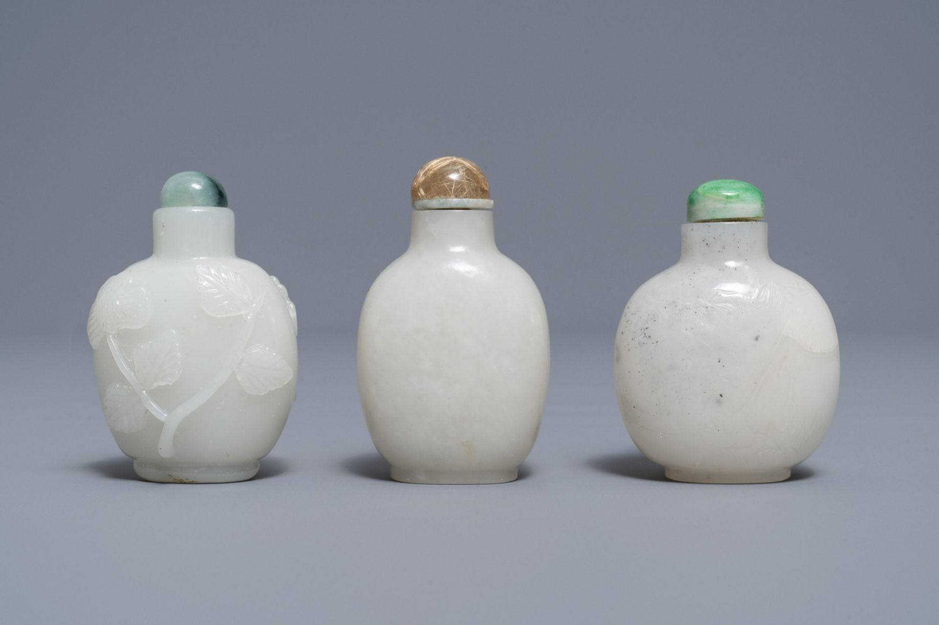 Three Chinese carved pale white jade snuff bottles, 19/20th C. - Image 2 of 4