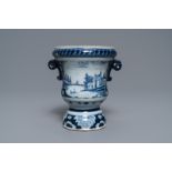 A fine Dutch Delft blue and white 'campana' urn flower pot, 18th C.