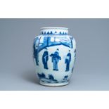 A large Chinese blue and white vase with figurative design, Transitional period