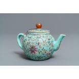 A Chinese turquoise-ground famille rose teapot, Jiaqing mark, Republic, 20th C.