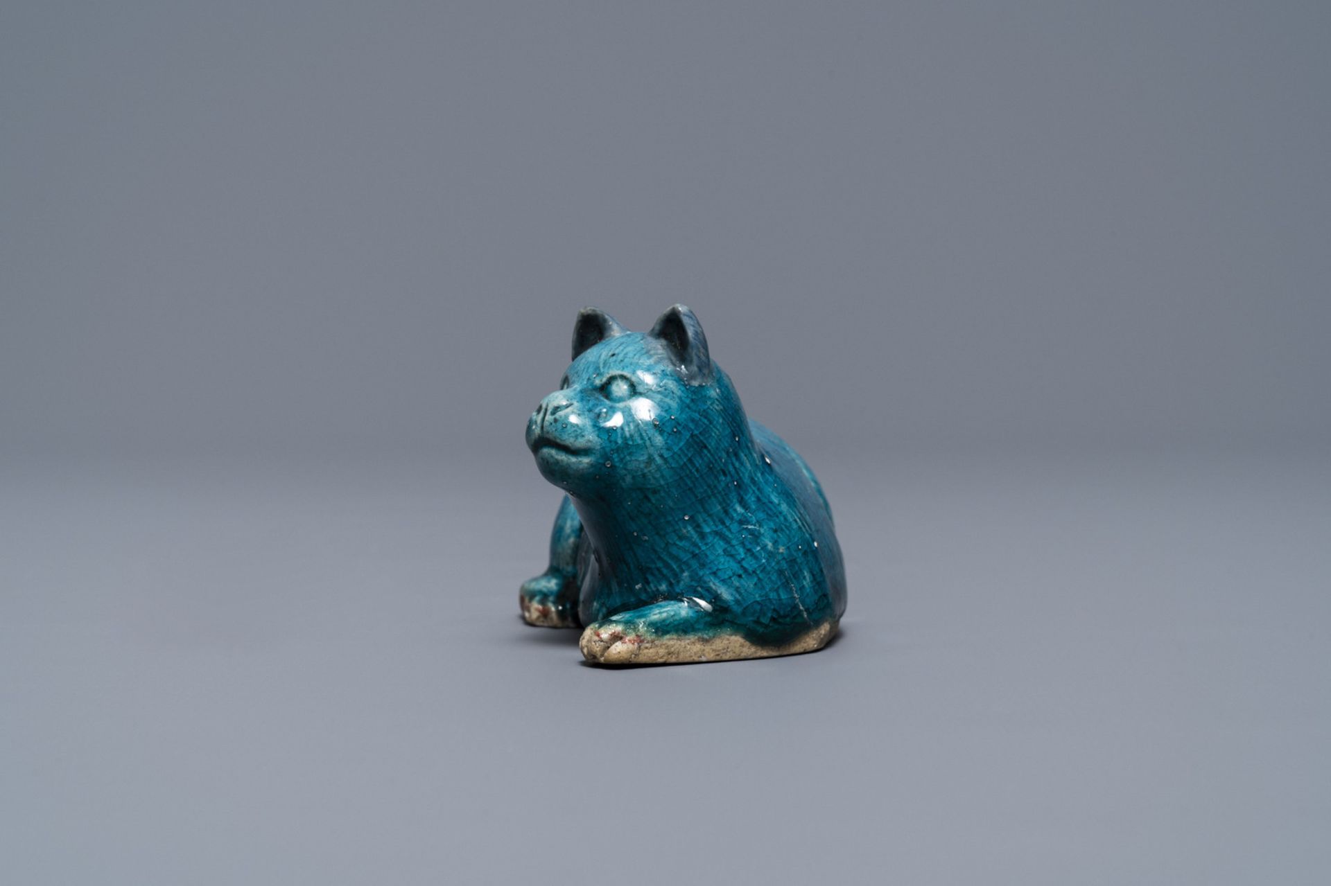 A Chinese turquoise glazed model of a toad, a cat & a blue and white snuff bottle, Kangxi & 19th C. - Image 8 of 19