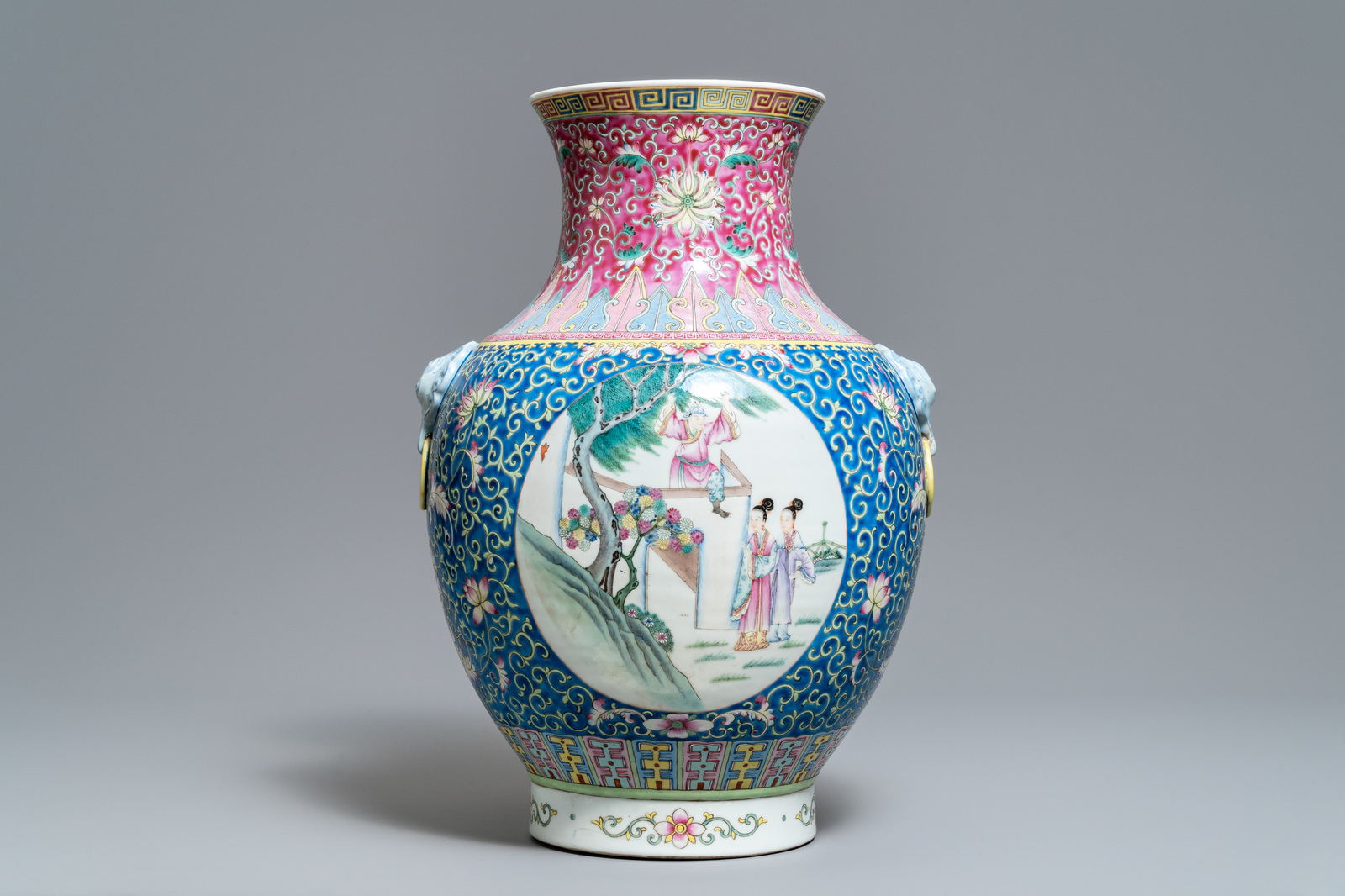 A large Chinese famille rose 'hu' vase, Qianlong mark, Republic, 20th C. - Image 4 of 7