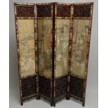 A Chinese mother-of-pearl inlaid wooden screen with silk paintings, 19th C.