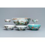 Six various Chinese famille rose and verte bowls, 19/20th C.