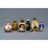 Six Chinese Canton and Beijing enamel, mother of pearl and gilt brass snuff bottles, 18/19th C.