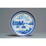 A Dutch Delft blue and white plate with a fine river landscape, 18th C.