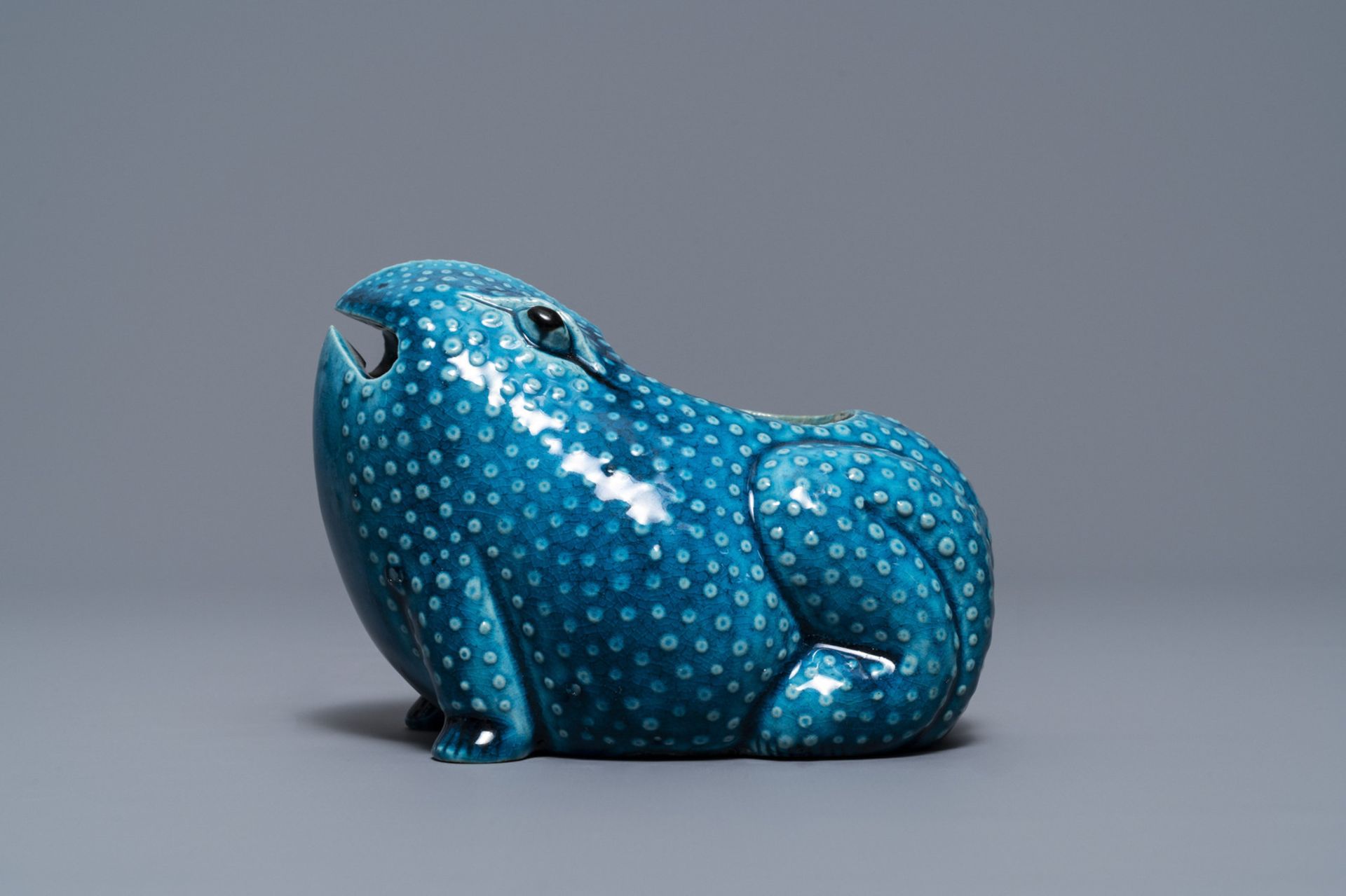 A Chinese turquoise glazed model of a toad, a cat & a blue and white snuff bottle, Kangxi & 19th C. - Image 5 of 19