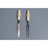 A pair of Hispano-Philippine or Indo-Portuguese erotical ivory-handled knife and fork, 17th C.