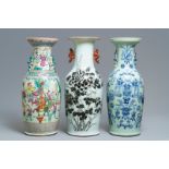 Three Chinese blue and white, famille rose and qianjiang cai vases, 19th C.