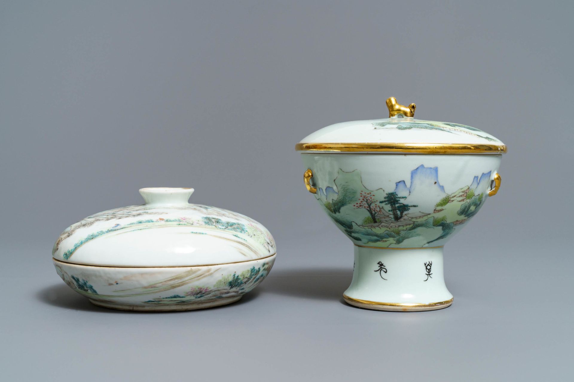 A Chinese qianjiang cai spice box and a warming bowl on foot, 19/20th C. - Image 5 of 10