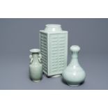 Three Chinese monochrome celadon vases, Yongzheng and Qianlong marks, 19/20th C.