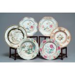 Six various Chinese famille rose, verte and grisaille plates, Yongzheng/Qianlong