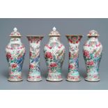 A Chinese famille rose five-piece garniture with birds among blossoms, Qianlong
