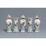 A famille rose-style five-piece garniture with roosters and chickens, Samson, Paris, 19th C.