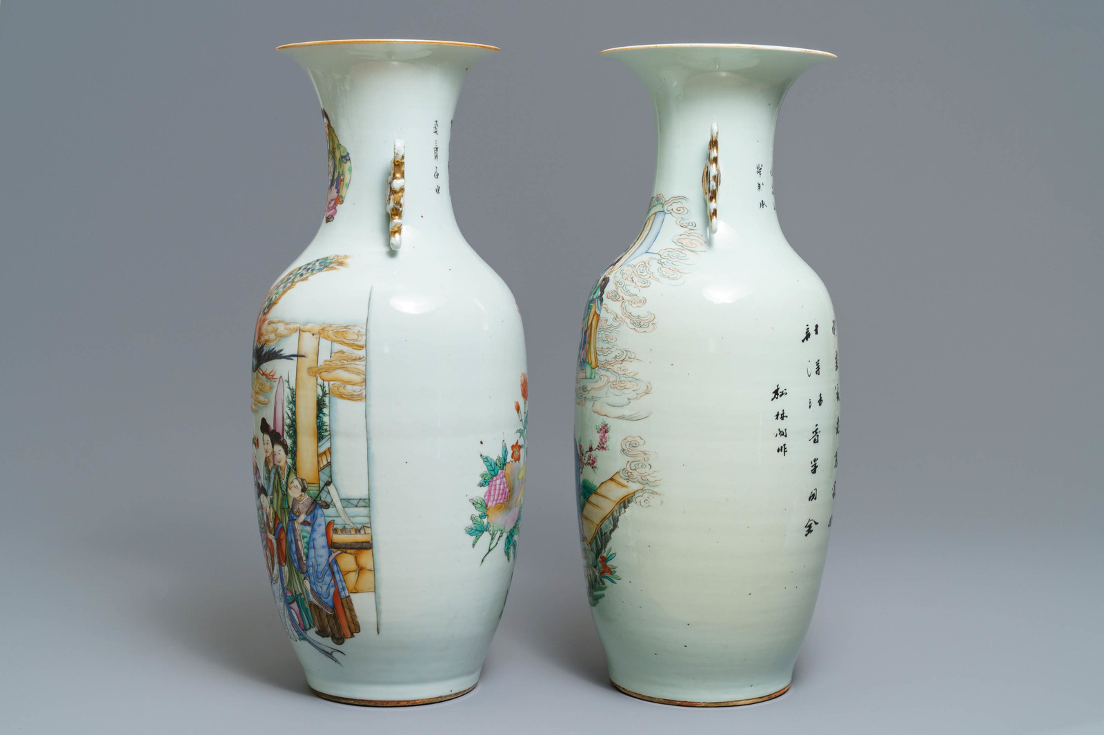 Two Chinese famille rose vases with figural design, 19/20th C. - Image 4 of 6