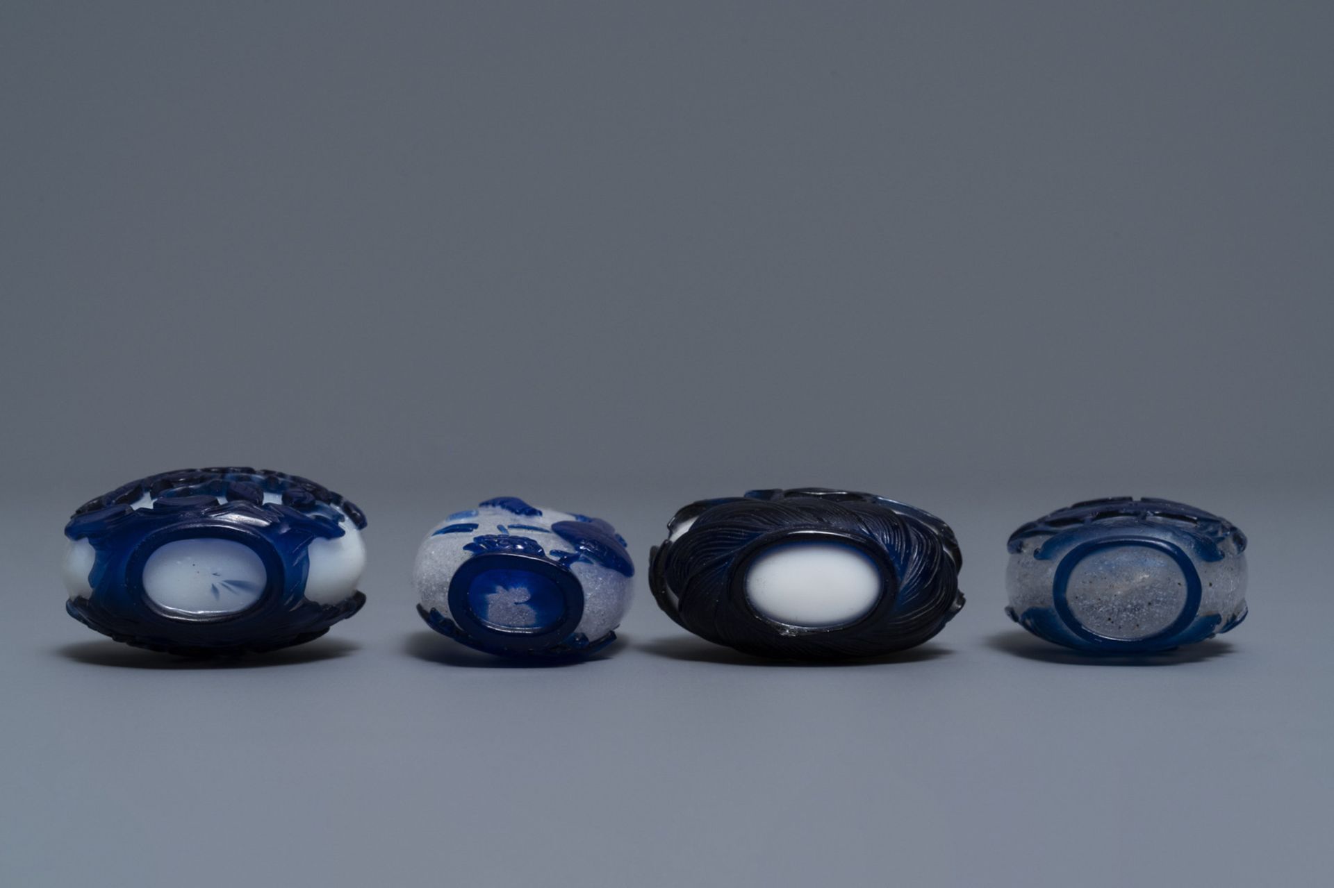 Nine various Chinese blue overlay glass snuff bottles, 19/20th C. - Image 9 of 9