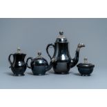 A four-piece silver-mounted Namur black-glazed pottery coffee service, 18th C.