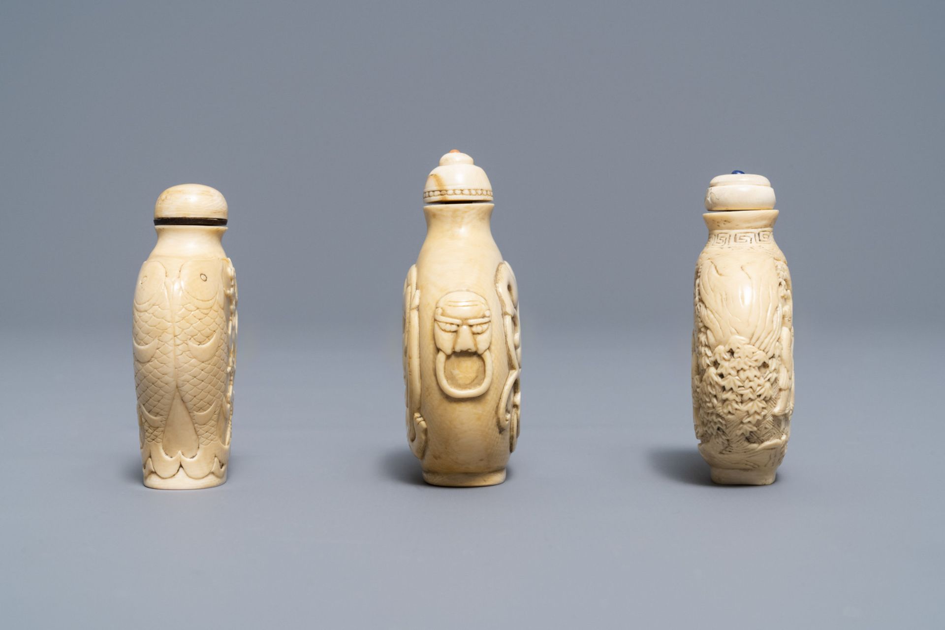 Three Chinese carved ivory snuff bottles, 19th C. - Image 2 of 7