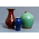 Three Chinese monochrome vases incl. a Yixing stoneware example, 19/20th C.