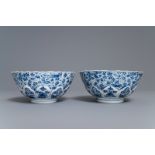 A pair of Chinese blue and white floral bowls, Chenghua mark, Kangxi