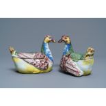 A pair of polychrome Dutch Delft duck-shaped tureens, 18th C.